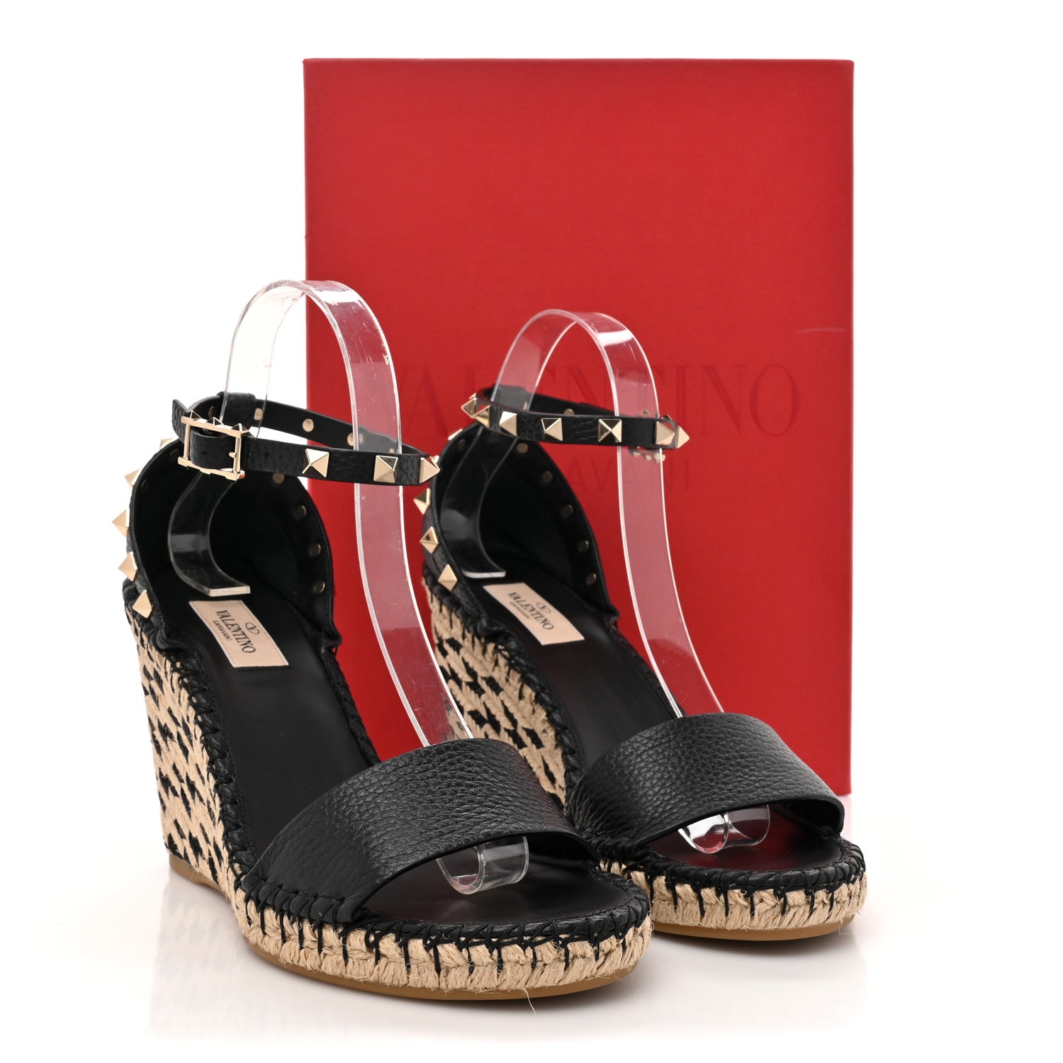 Valentino Garavani Grained Calfskin Rockstud Ankle Strap Espadrille 15/105mm Wedge Sandals 39 Black Natural 9 of 9