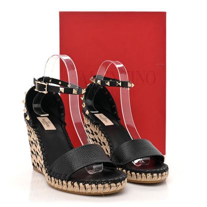 Valentino Garavani Grained Calfskin Rockstud Ankle Strap Espadrille 15/105mm Wedge Sandals 39 Black Natural 9 of 9