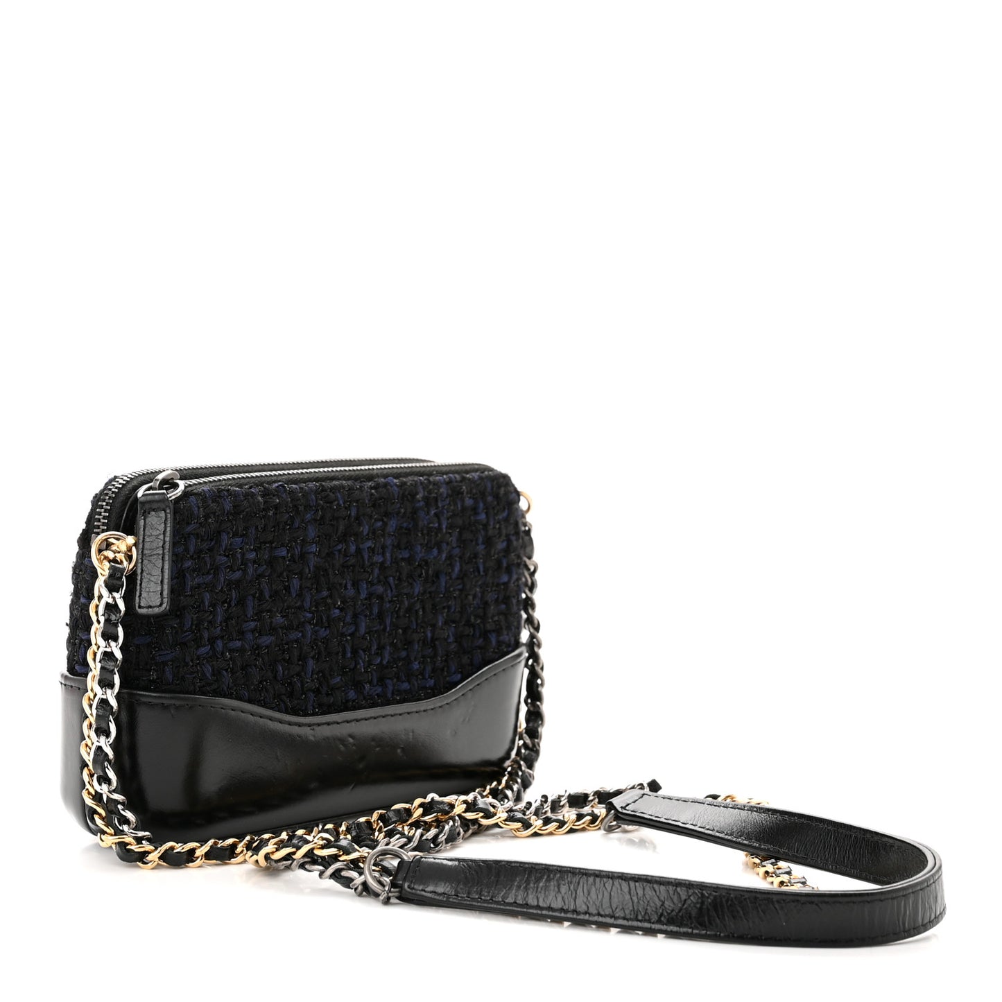 Tweed Aged Calfskin Quilted Small Gabrielle Clutch With Chain Black Blue