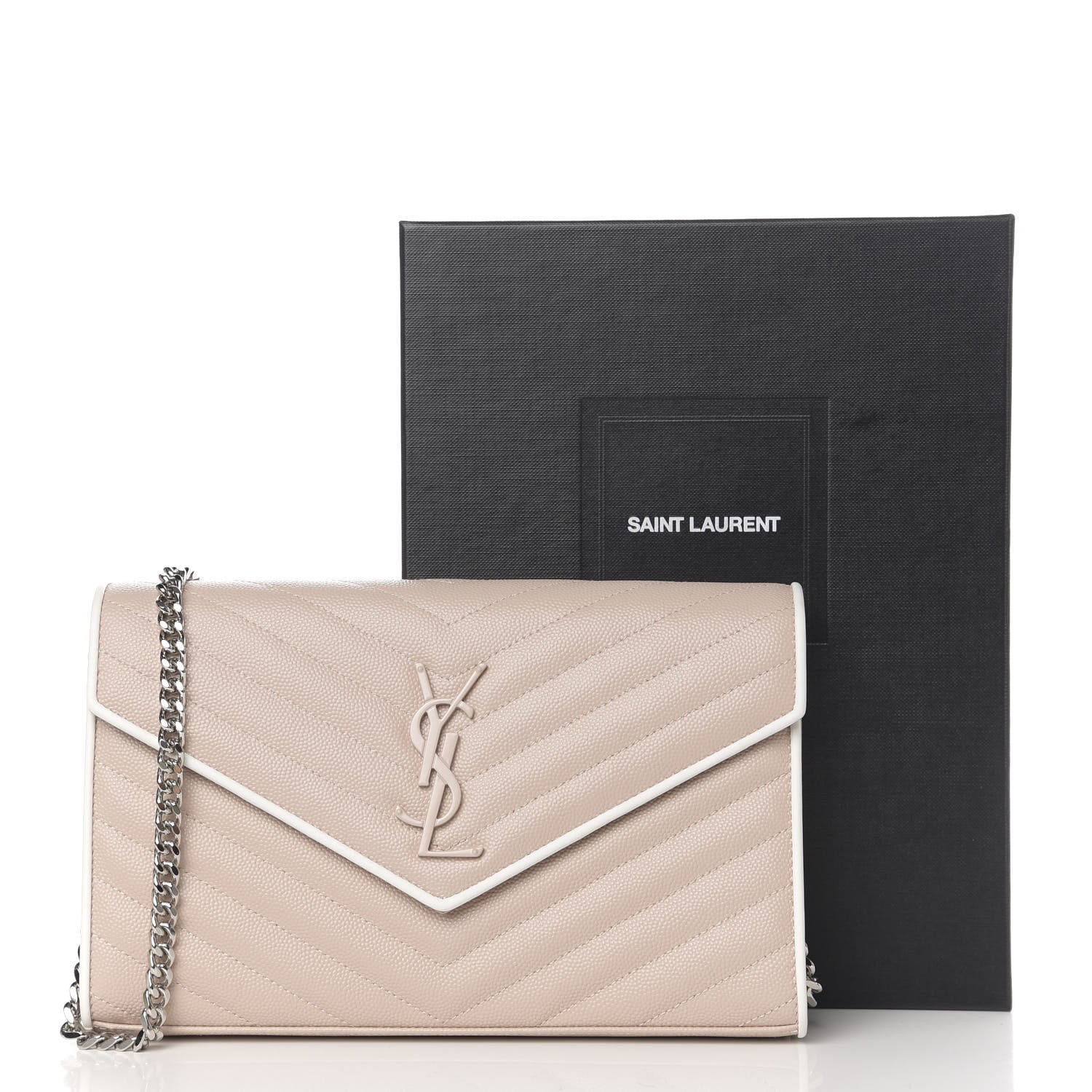 Saint Laurent Grain De Poudre Matelasse Chevron Monogram Chain Wallet Pink and White 10 of 10