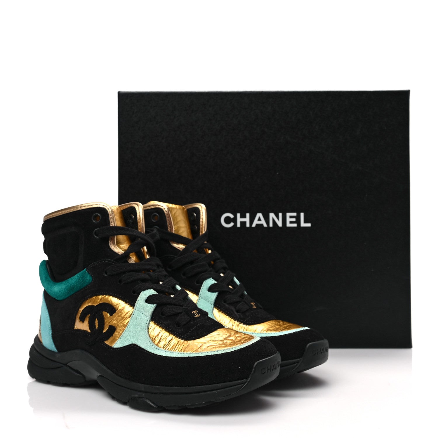 Chanel Suede Calfskin Fabric CC High Top Sneakers 37 Black Turquoise Gold 7 of 7