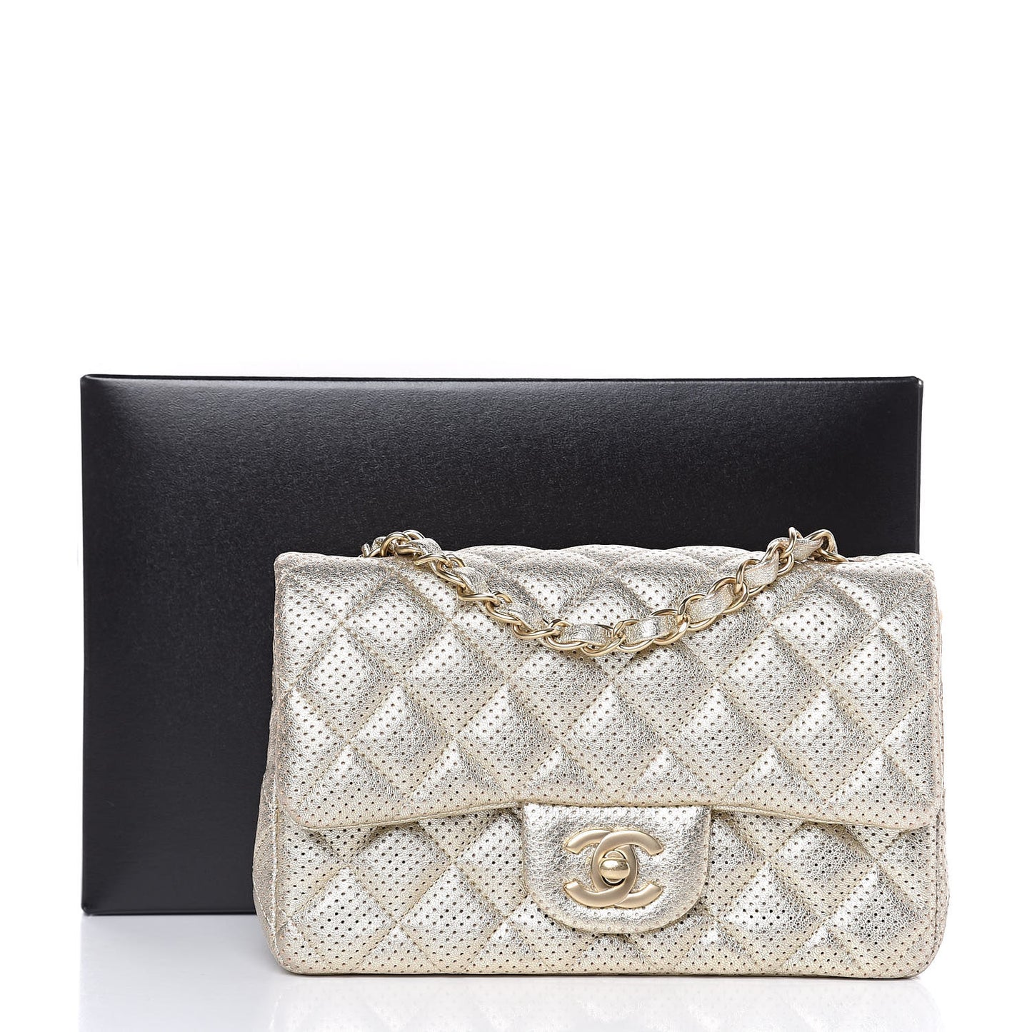 Metallic Lambskin Perforated Mini Rectangular Flap Light Gold