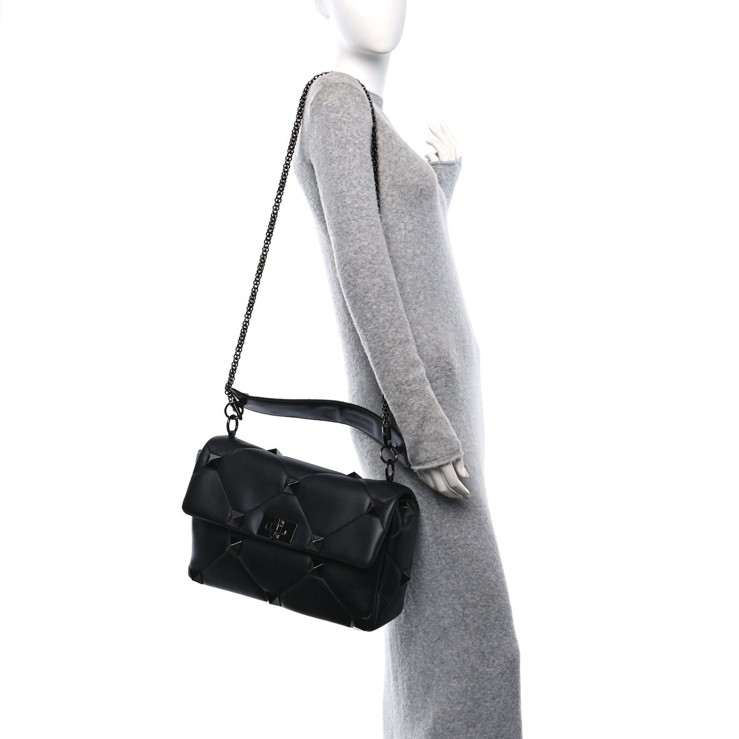 Nappa Monochrome Large Roman Stud Shoulder Bag Black