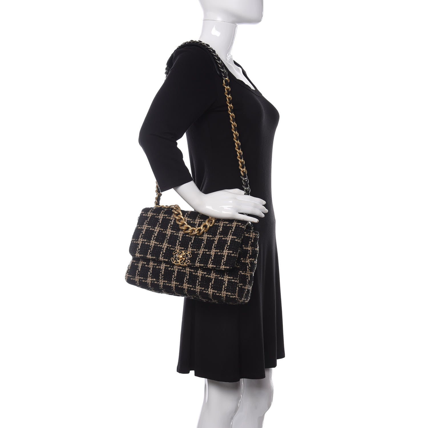 Chanel Tweed Quilted Large Chanel 19 Flap Black Beige 2 of 11