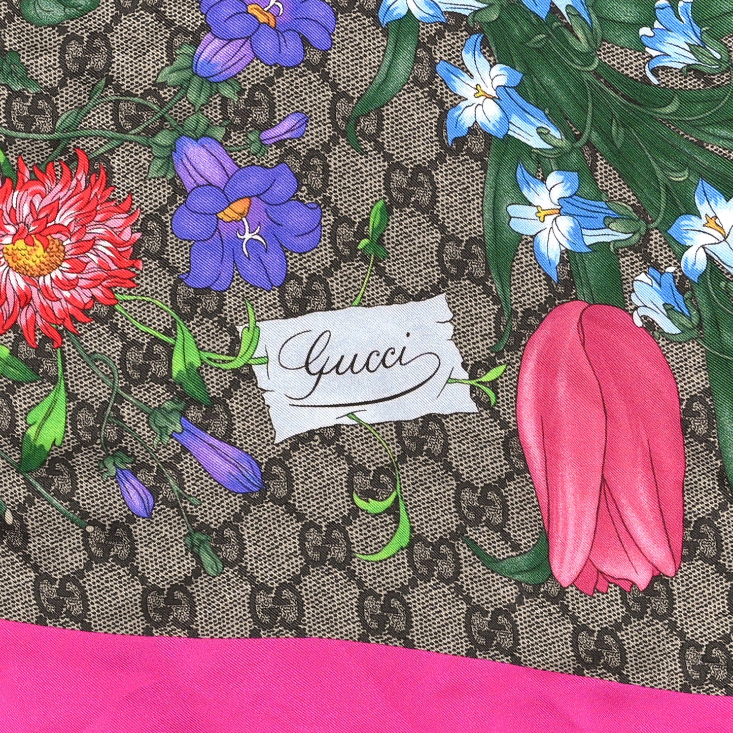 Silk Twill GG Monogram Flora Fluo GG Square Scarf Beige Pink