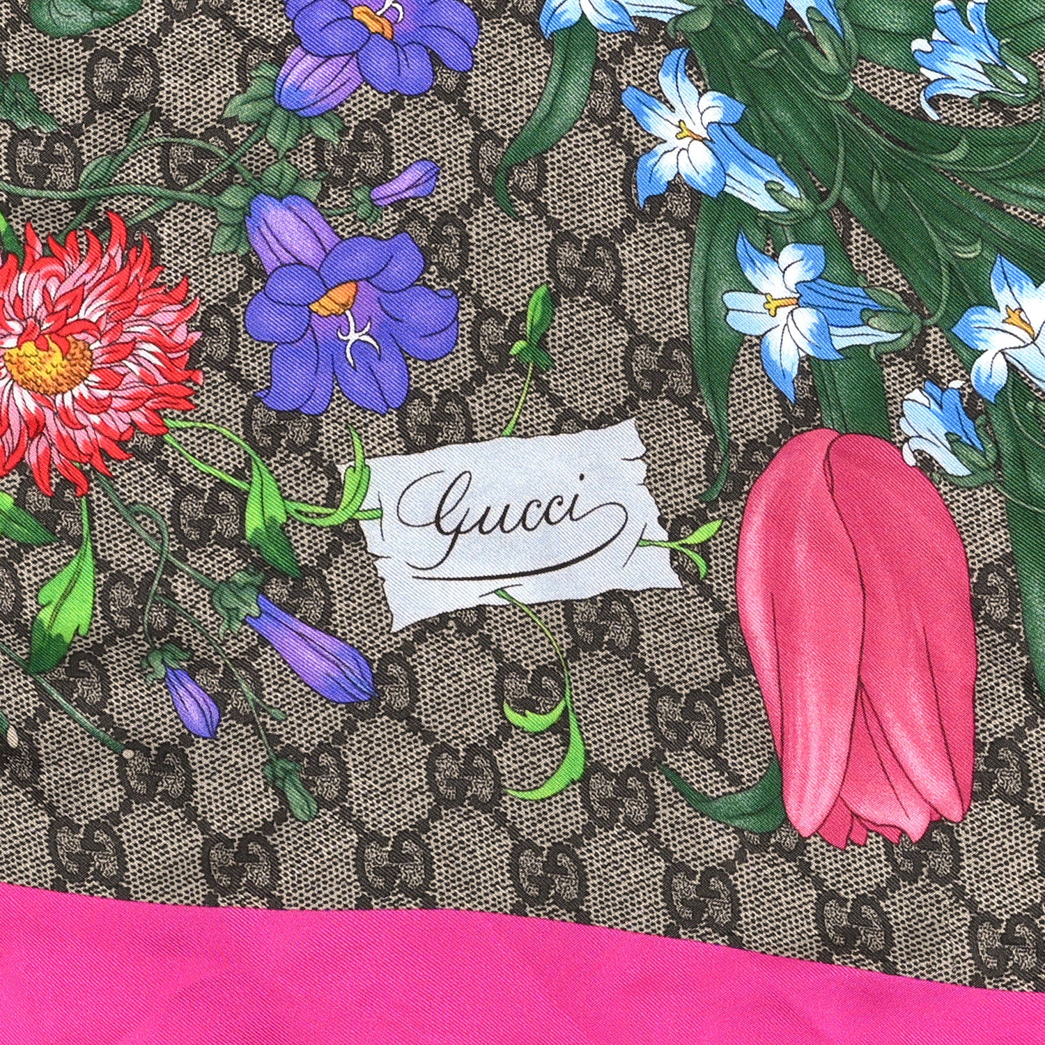 Gucci Silk Twill GG Monogram Flora Fluo GG Square Scarf Beige Pink 3 of 4