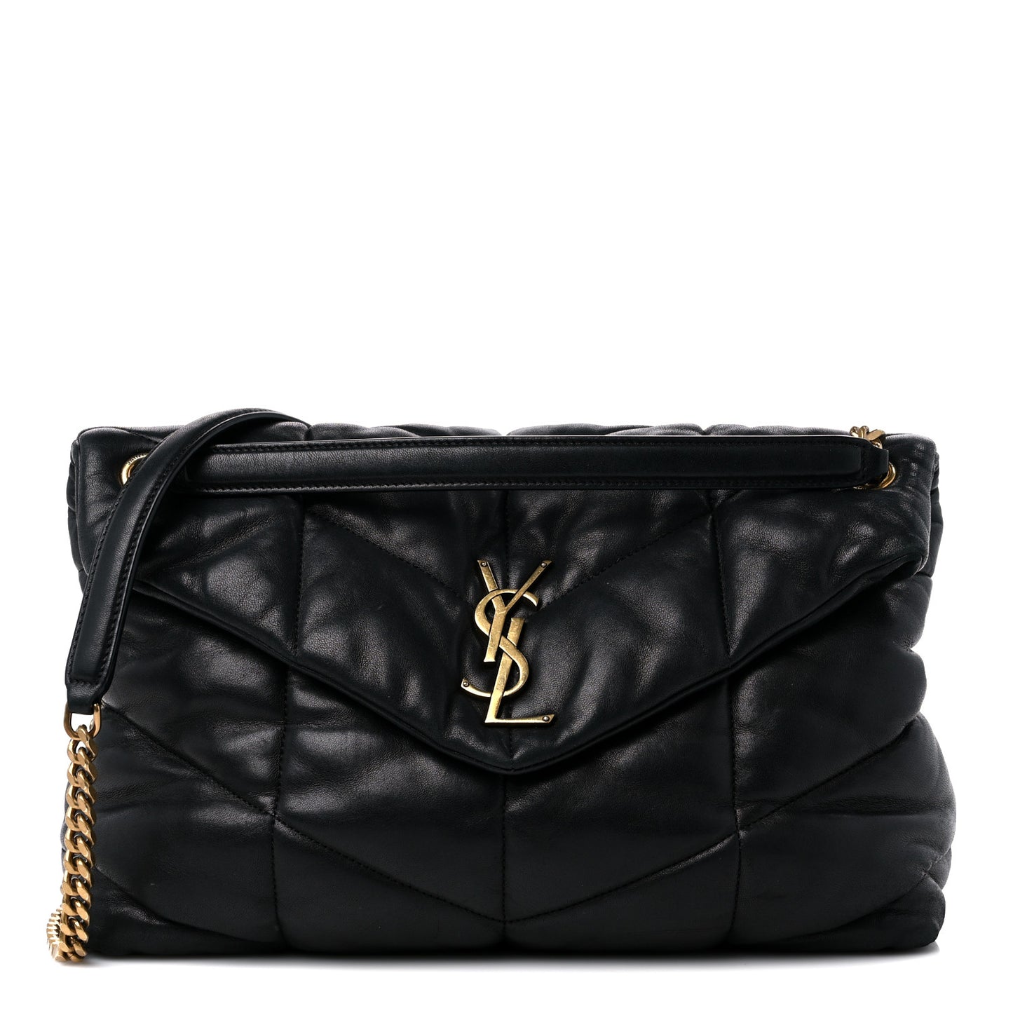 Lambskin Quilted Medium Loulou Puffer Monogram Chain Satchel Black