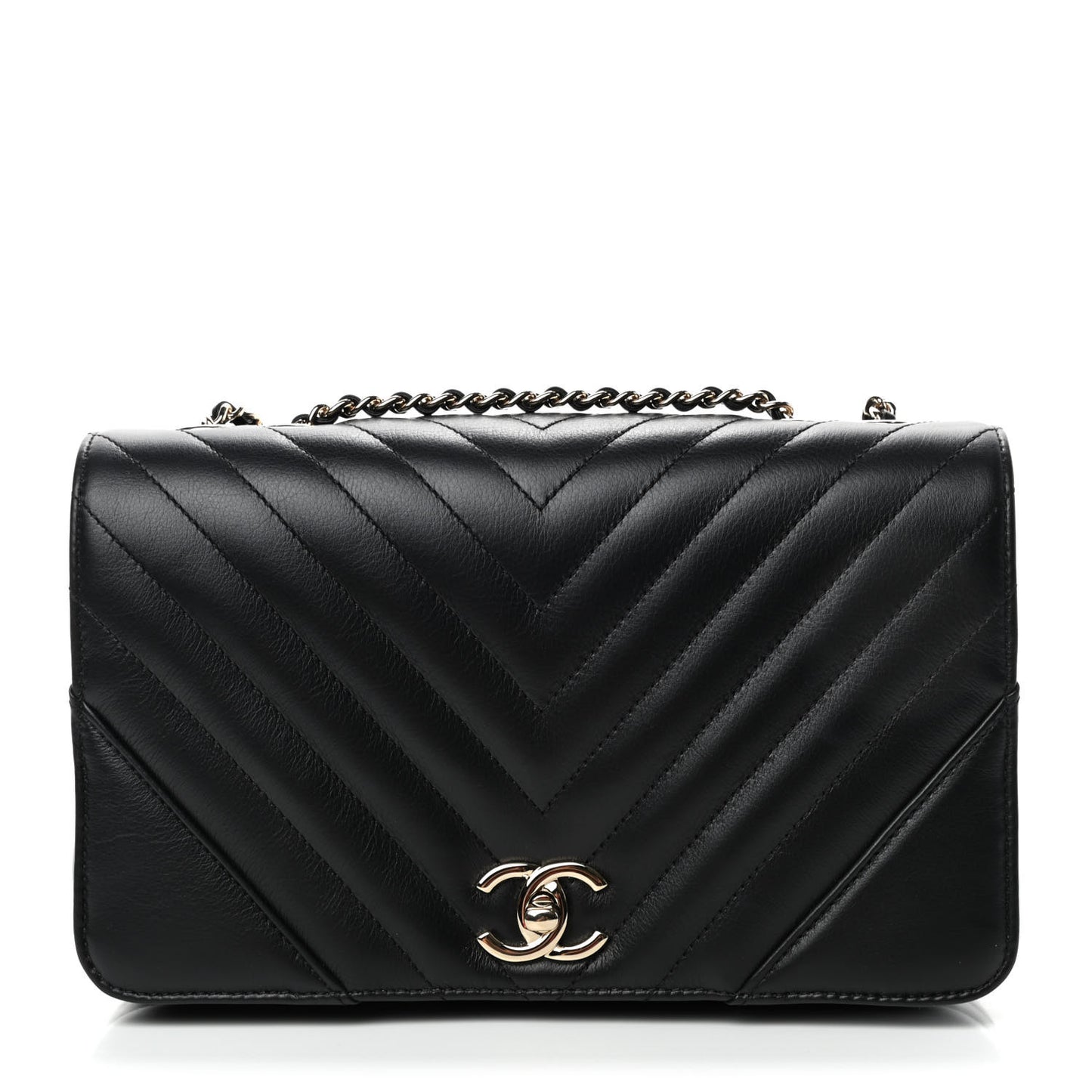 Calfskin Chevron Quilted Small Statement Flap Black