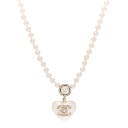 Chanel Pearl Crystal CC Heart Short Necklace Pearly White Gold 1 of 6