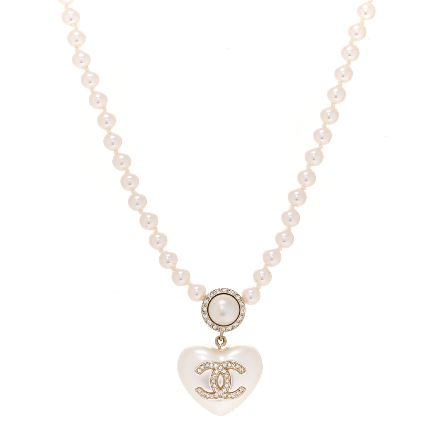 Chanel Pearl Crystal CC Heart Short Necklace Pearly White Gold 1 of 8