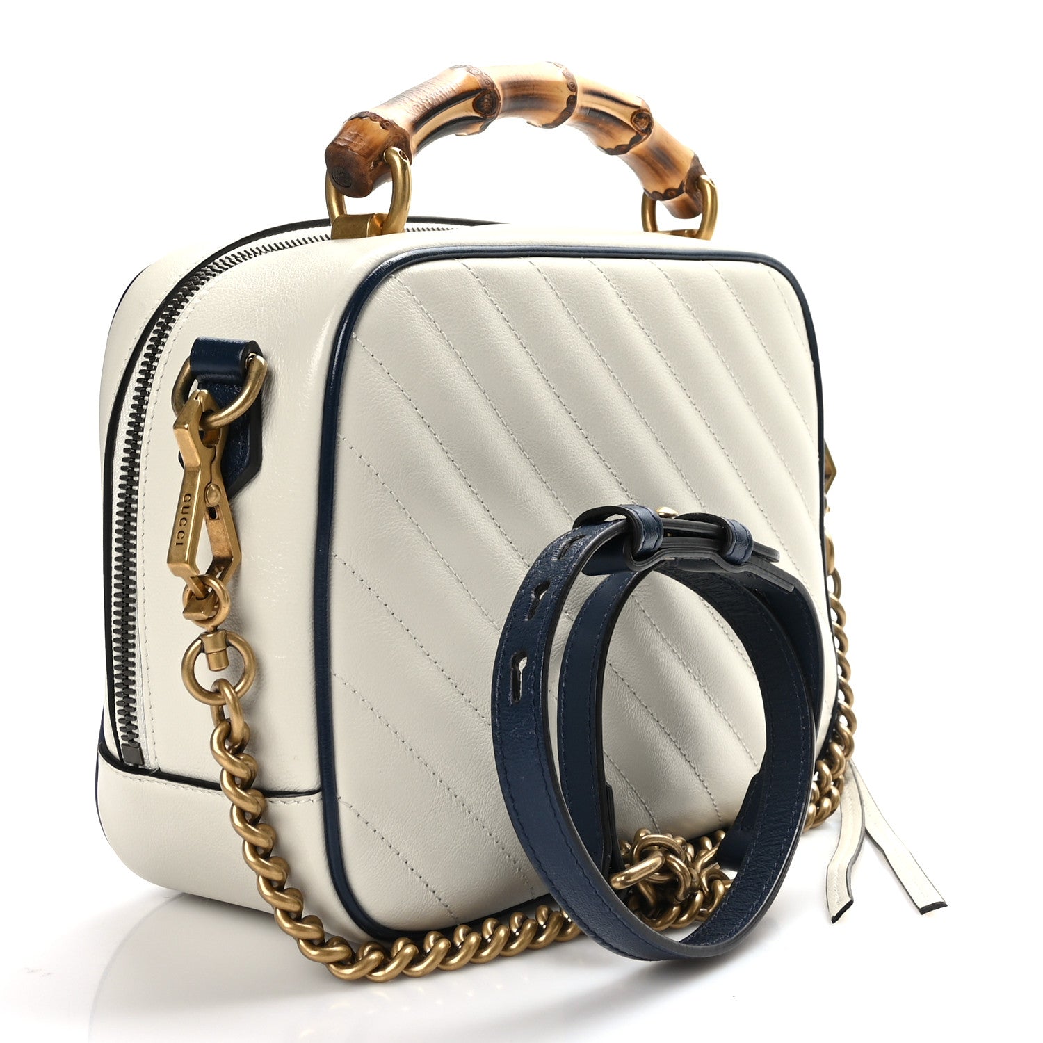 Gucci Vintage Effect Calfskin Matelasse Diagonal Small Torchon GG Marmont Bamboo Top Handle Shoulder Bag Mystic White Blue Agata 3 of 10
