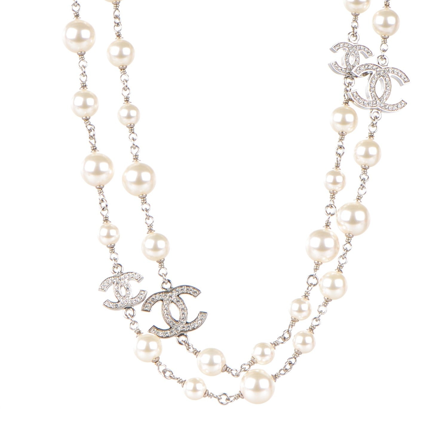 Chanel Crystal Pearl CC Long Necklace Silver 1 of 4