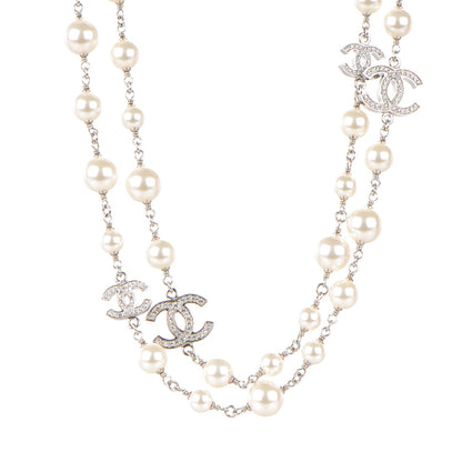 Chanel Crystal Pearl CC Long Necklace Silver 1 of 4