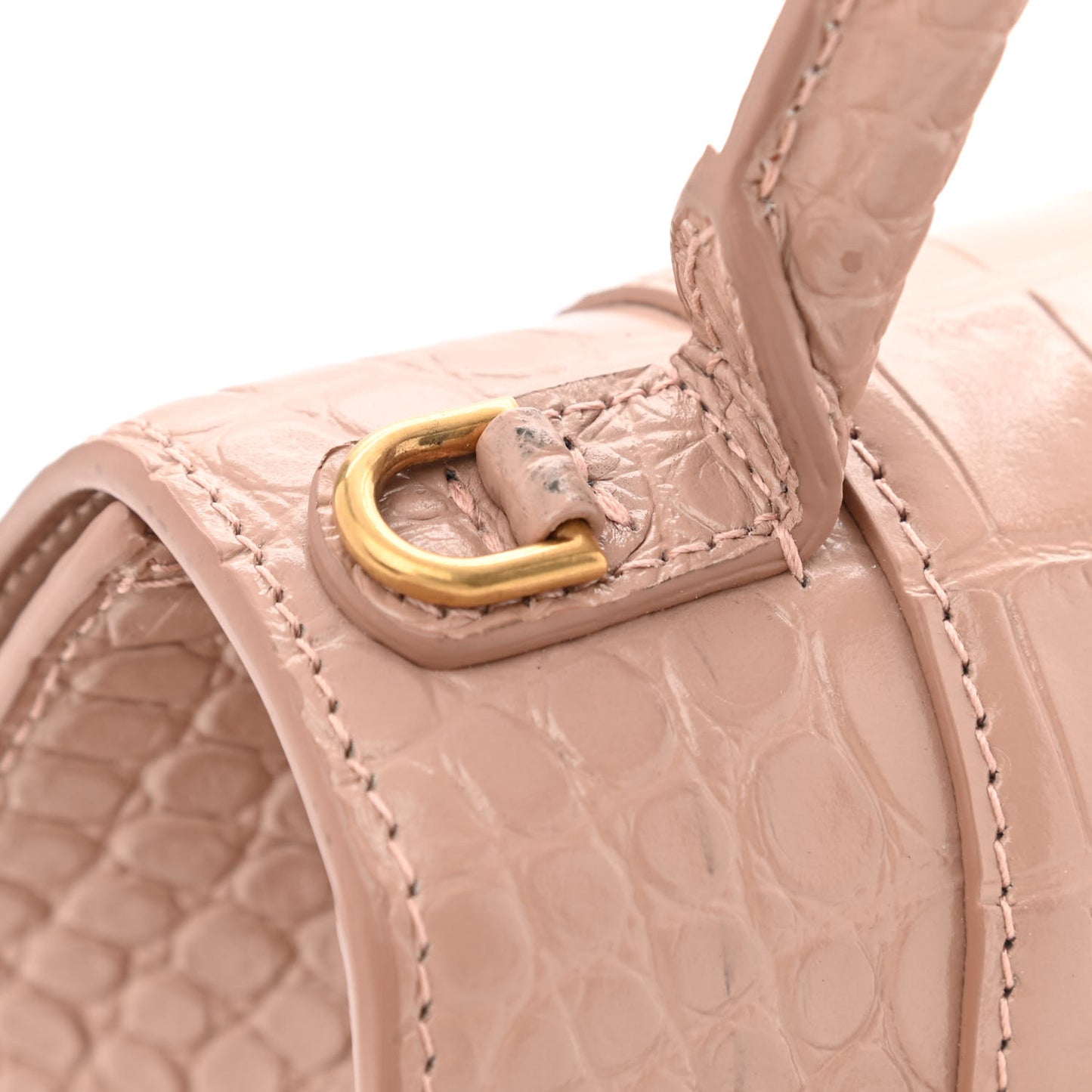 Shiny Calfskin Crocodile Embossed Small Hourglass Top Handle Bag Nude Beige