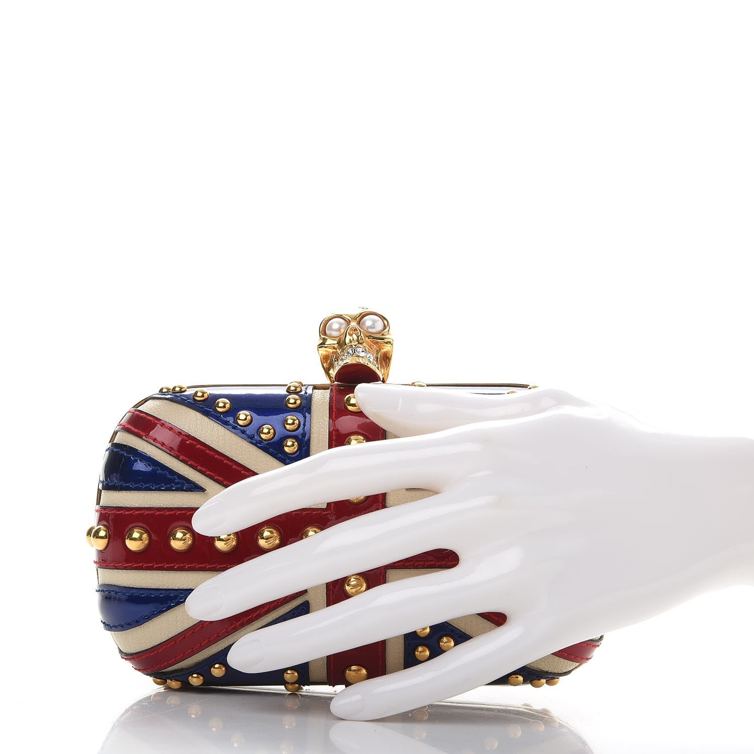Alexander McQueen Patent Calfskin Studded Britannia Skull Box Clutch Red Blue 2 of 7