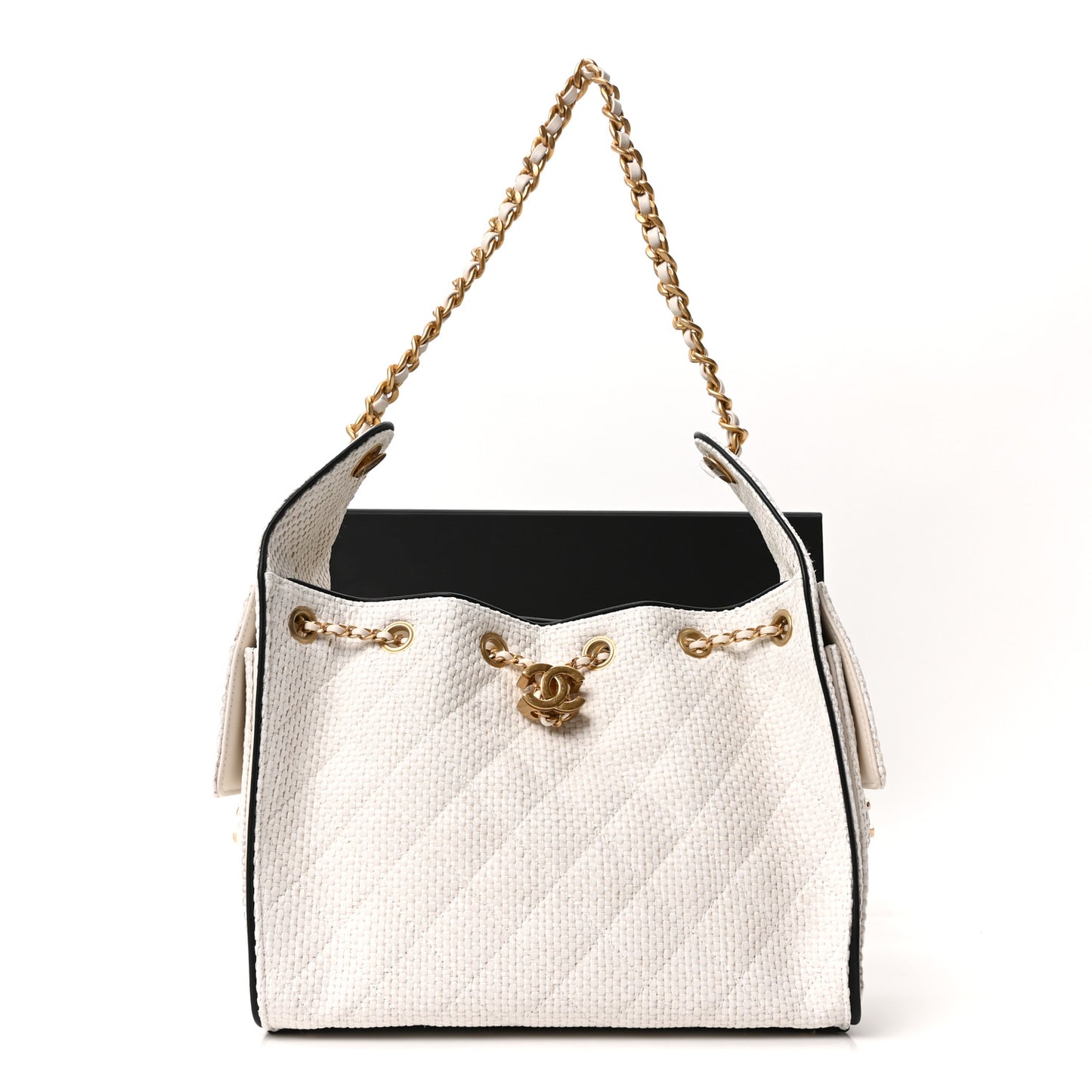 Braided Raffia Calfskin Quilted Small Chanel 25 Handbag White Black