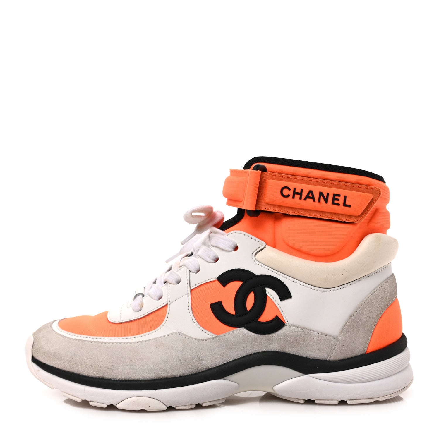 Chanel Suede Calfskin Lambskin Neoprene High Top CC Sneakers 37 White Fluo Orange 1 of 8