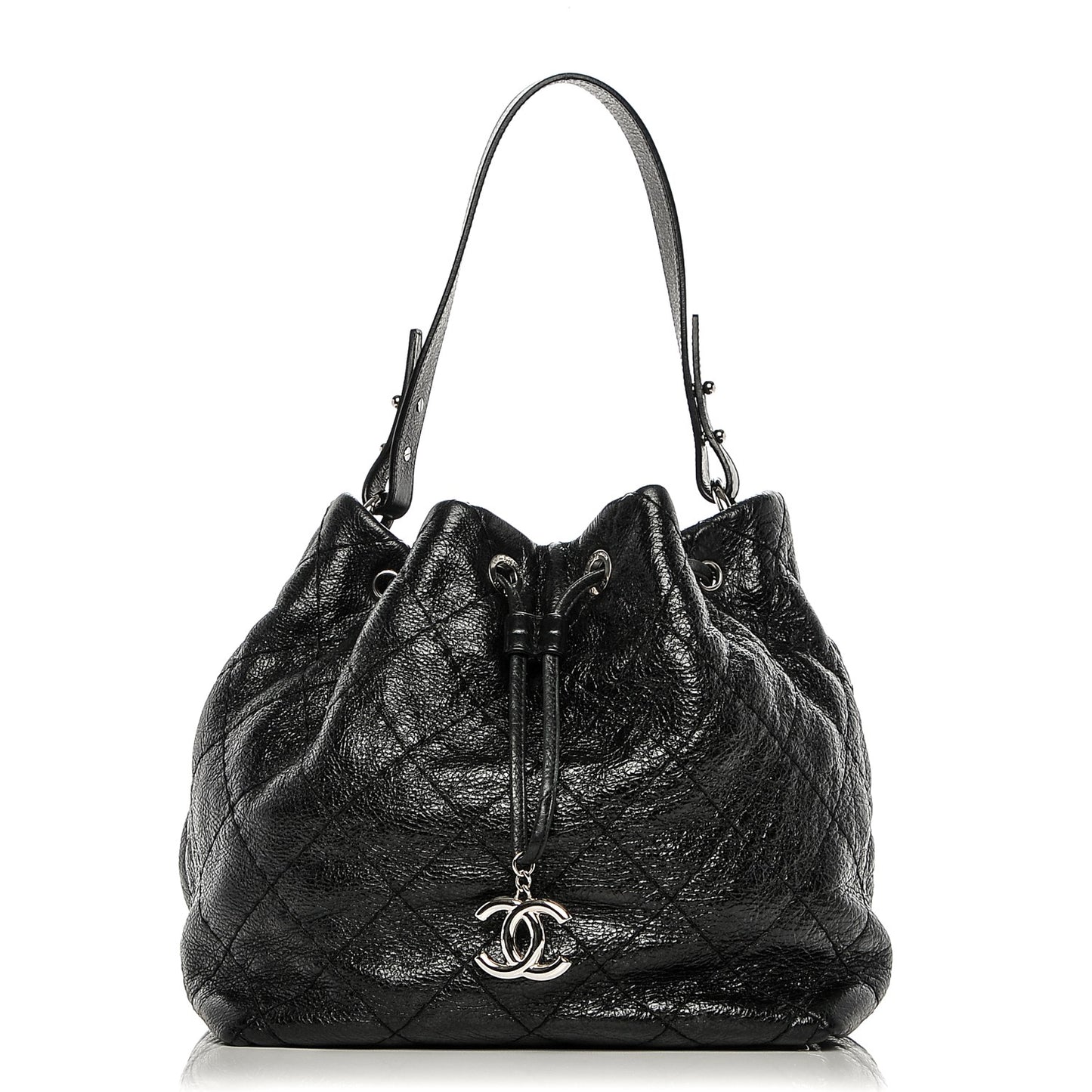 Glazed Calfskin On The Road Drawstring Tote Black