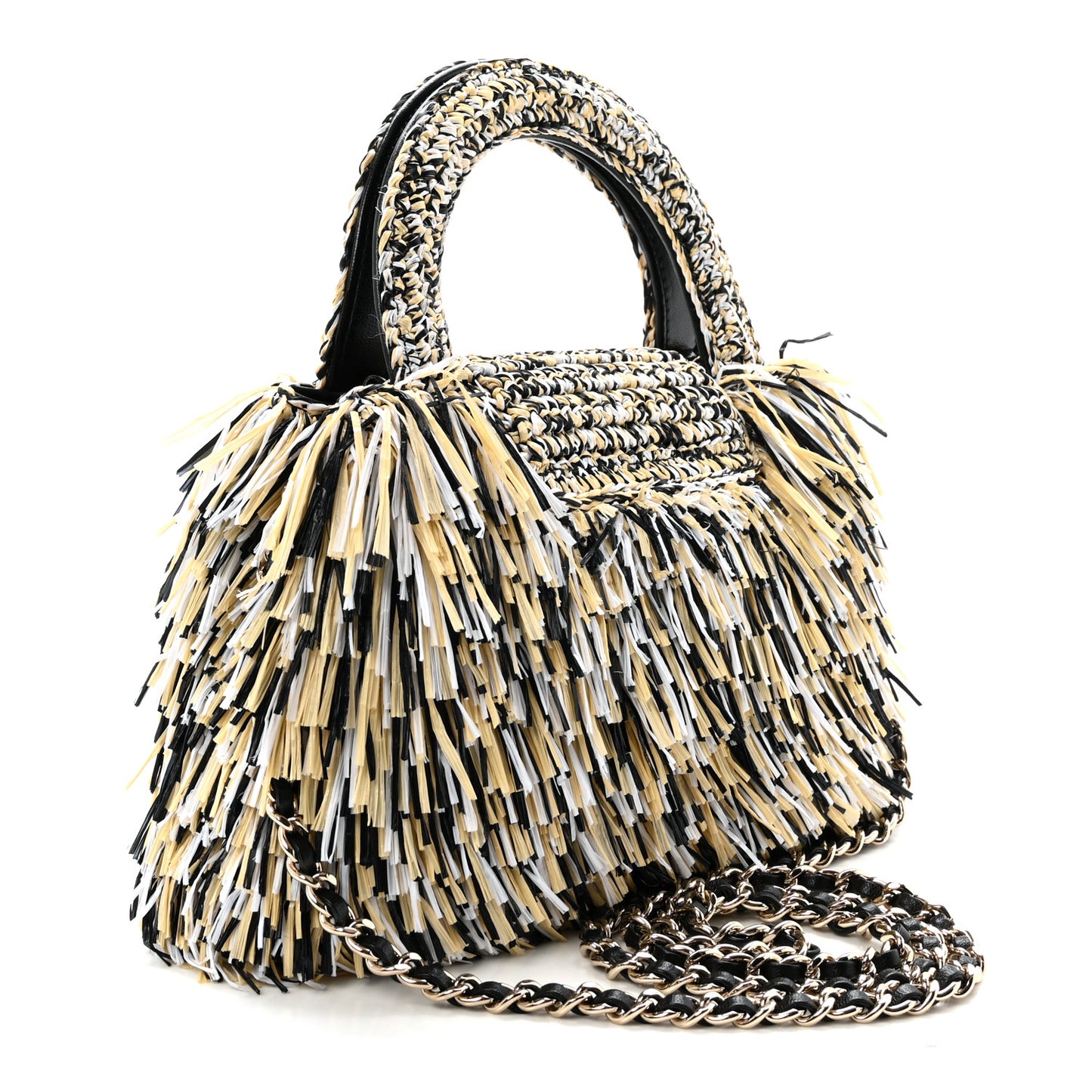 Raffia Fringe Nano Kelly Shopper Yellow Beige Black