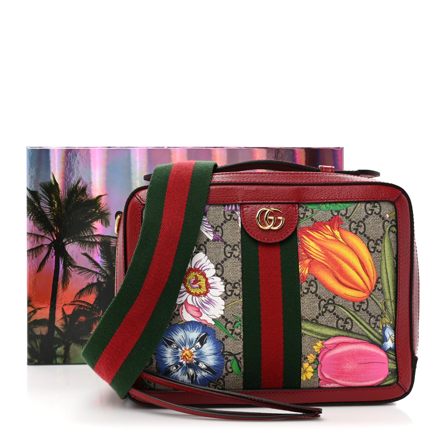 GG Supreme Monogram Flora Web Small Ophidia Top Handle Shoulder Bag Hibiscus Red