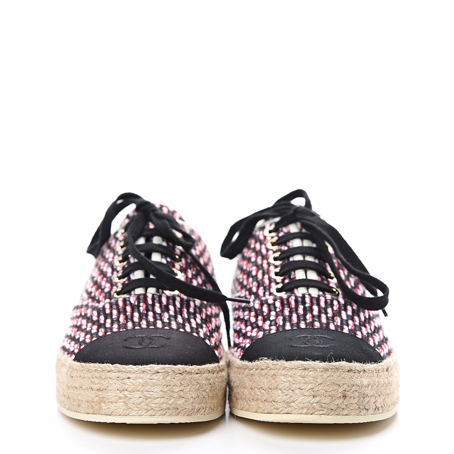 Chanel Tweed Grosgrain Lace Up Espadrilles 37 Red White Black 2 of 8