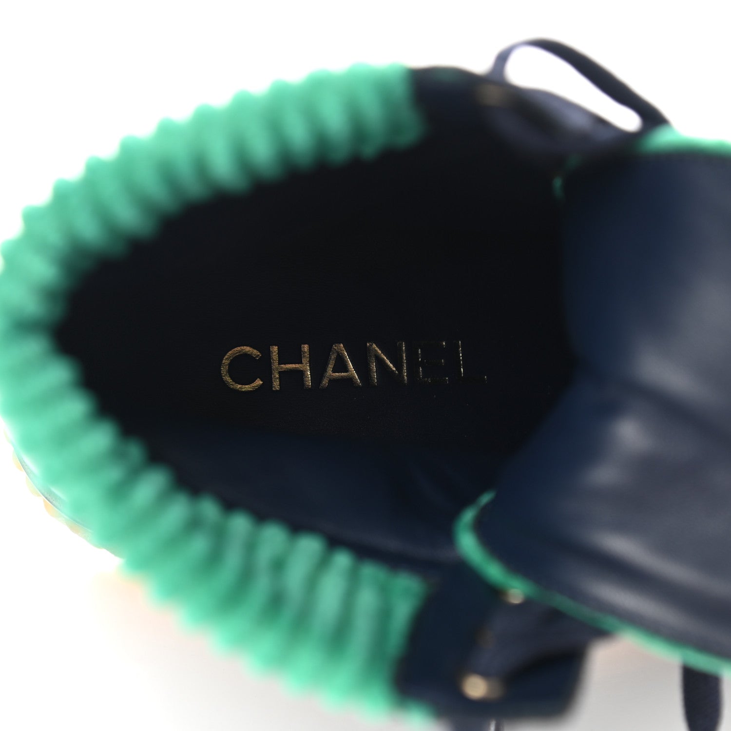 Chanel Suede Calfskin Velvet Quilted CC Combat Boots 35 Navy Green Black 6 of 10