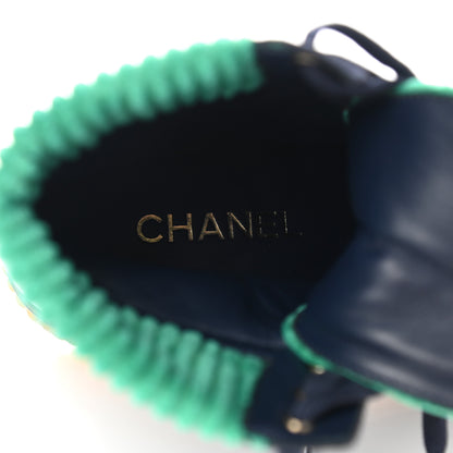 Chanel Suede Calfskin Velvet Quilted CC Combat Boots 35 Navy Green Black 6 of 10