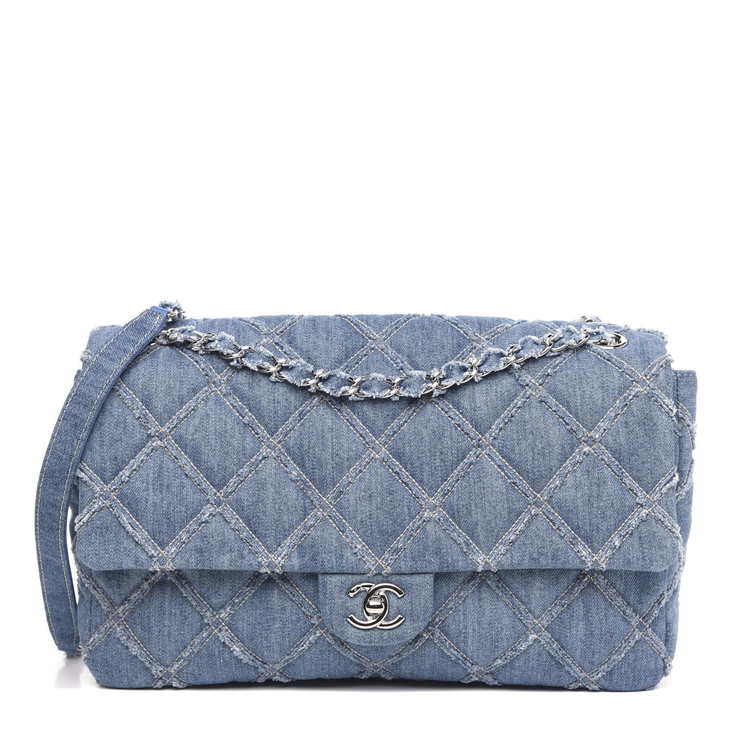 Frayed Denim Quilted Large Blue Chip Flap Blue