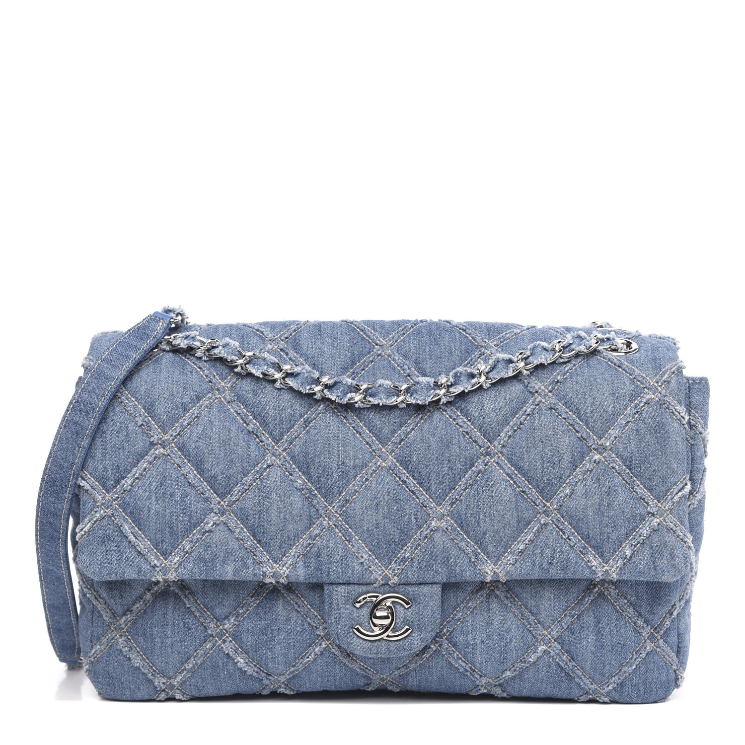 Chanel Frayed Denim Quilted Large Blue Chip Flap Blue 1 of 10