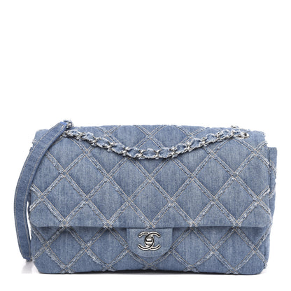 Chanel Frayed Denim Quilted Large Blue Chip Flap Blue 1 of 10
