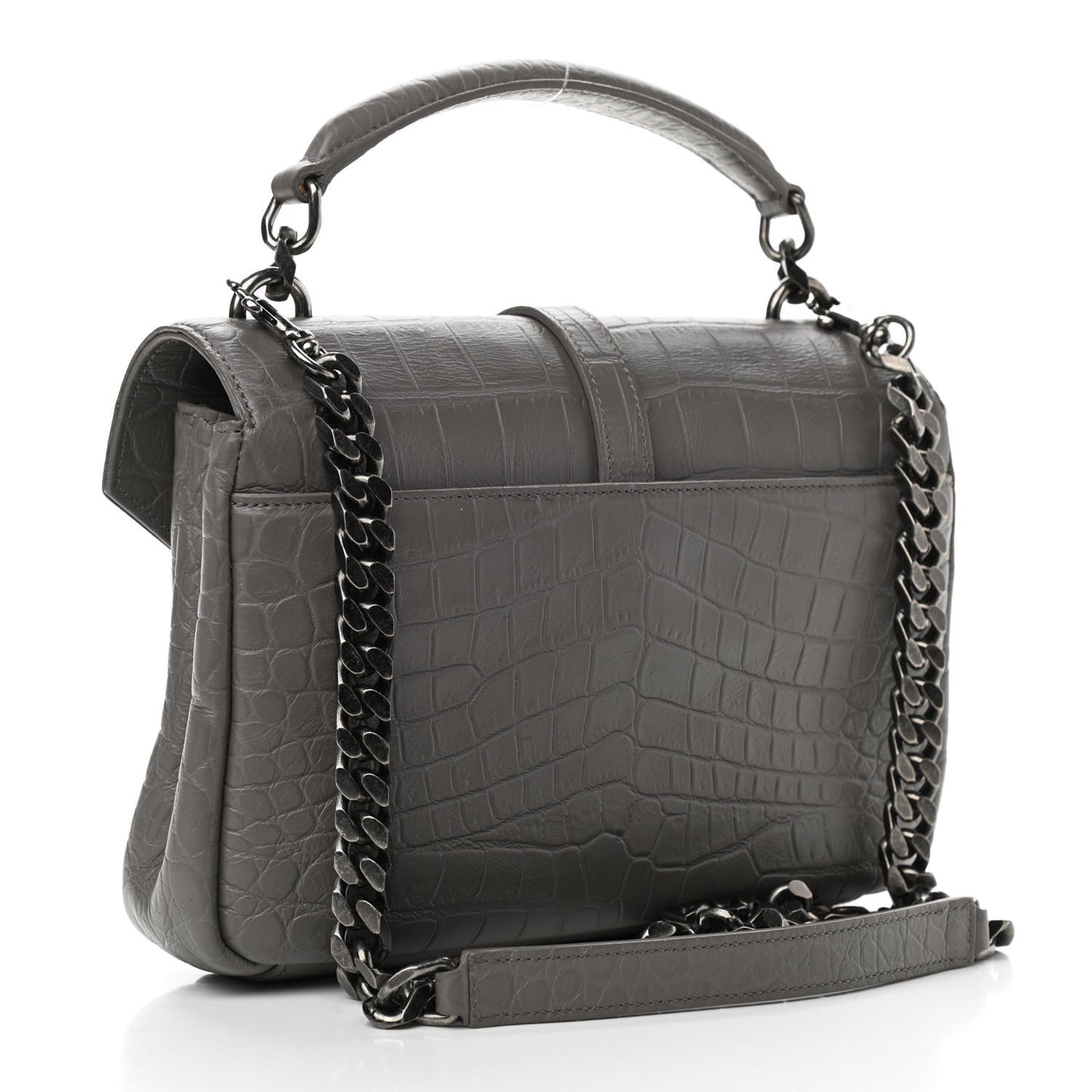 Calfskin Crocodile Embossed Medium College Monogram Satchel Gray