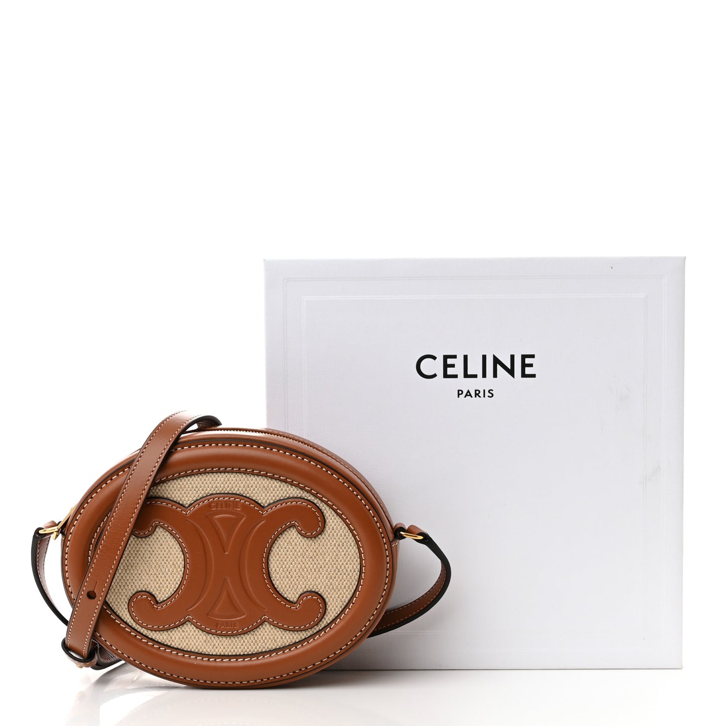 Canvas Calfskin Cuir Small Triomphe Oval Crossbody Purse Natural Tan