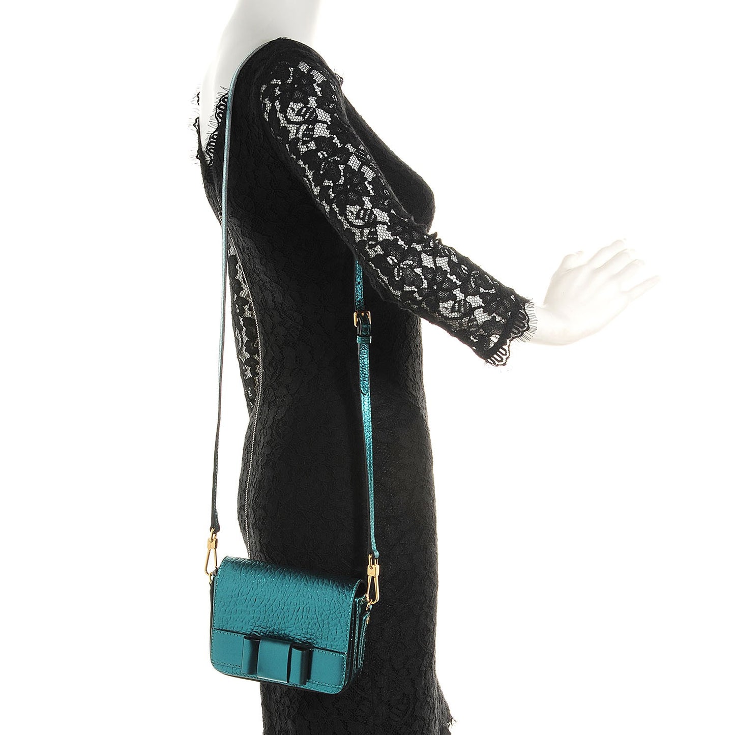 Metallic Calfskin Bow Detail Berkeley Crossbody Petrol Blue
