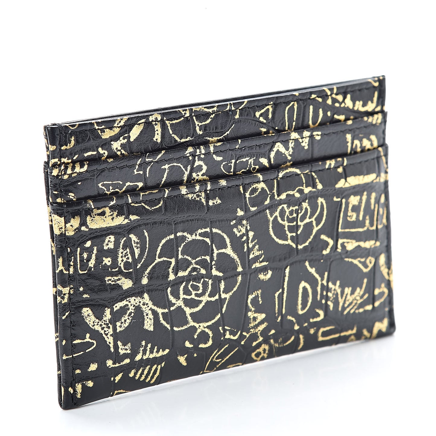 Calfskin Crocodile Embossed Graffiti 2.55 Cocodile Reissue Card Holder Black Gold