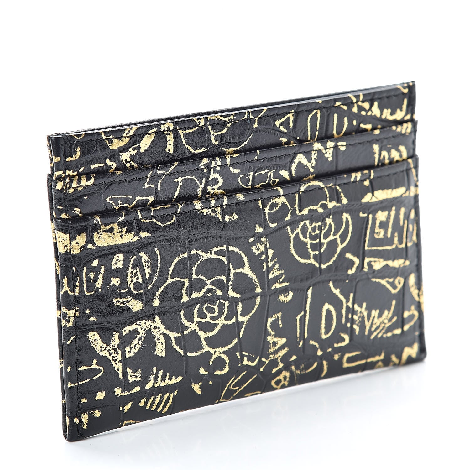Chanel Calfskin Crocodile Embossed Graffiti 2.55 Cocodile Reissue Card Holder Black Gold 3 of 9