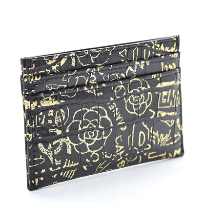 Chanel Calfskin Crocodile Embossed Graffiti 2.55 Cocodile Reissue Card Holder Black Gold 3 of 9