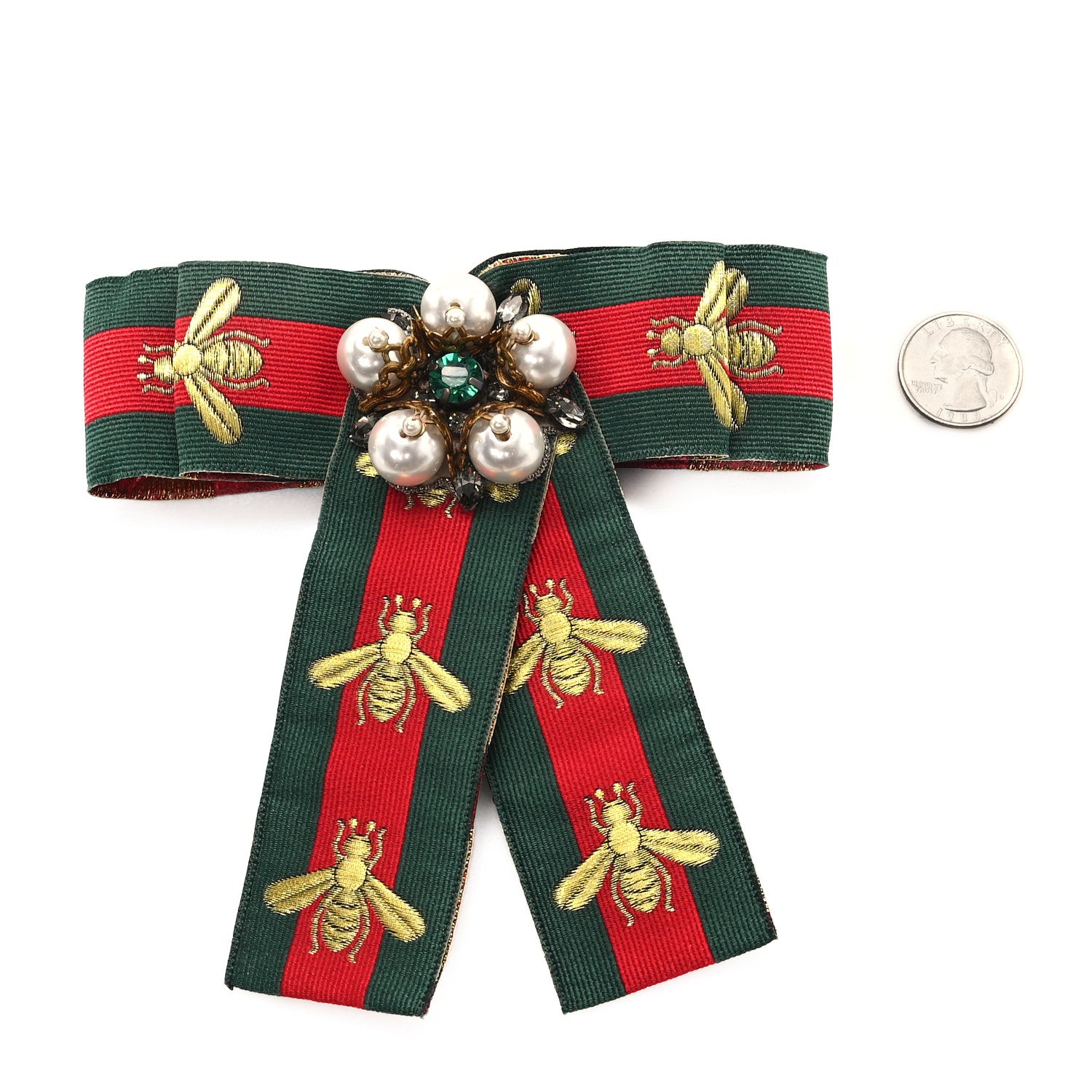 Gucci Ribbon Web Bow Bee Pearl Brooch Red Green 2 of 4