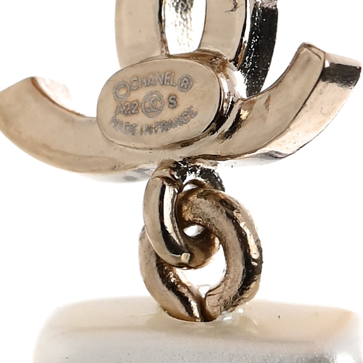 Chanel Pearl Resin Crystal CC No 5 Perfume Bottle Drop Earrings Gold Pearly White 4 of 4