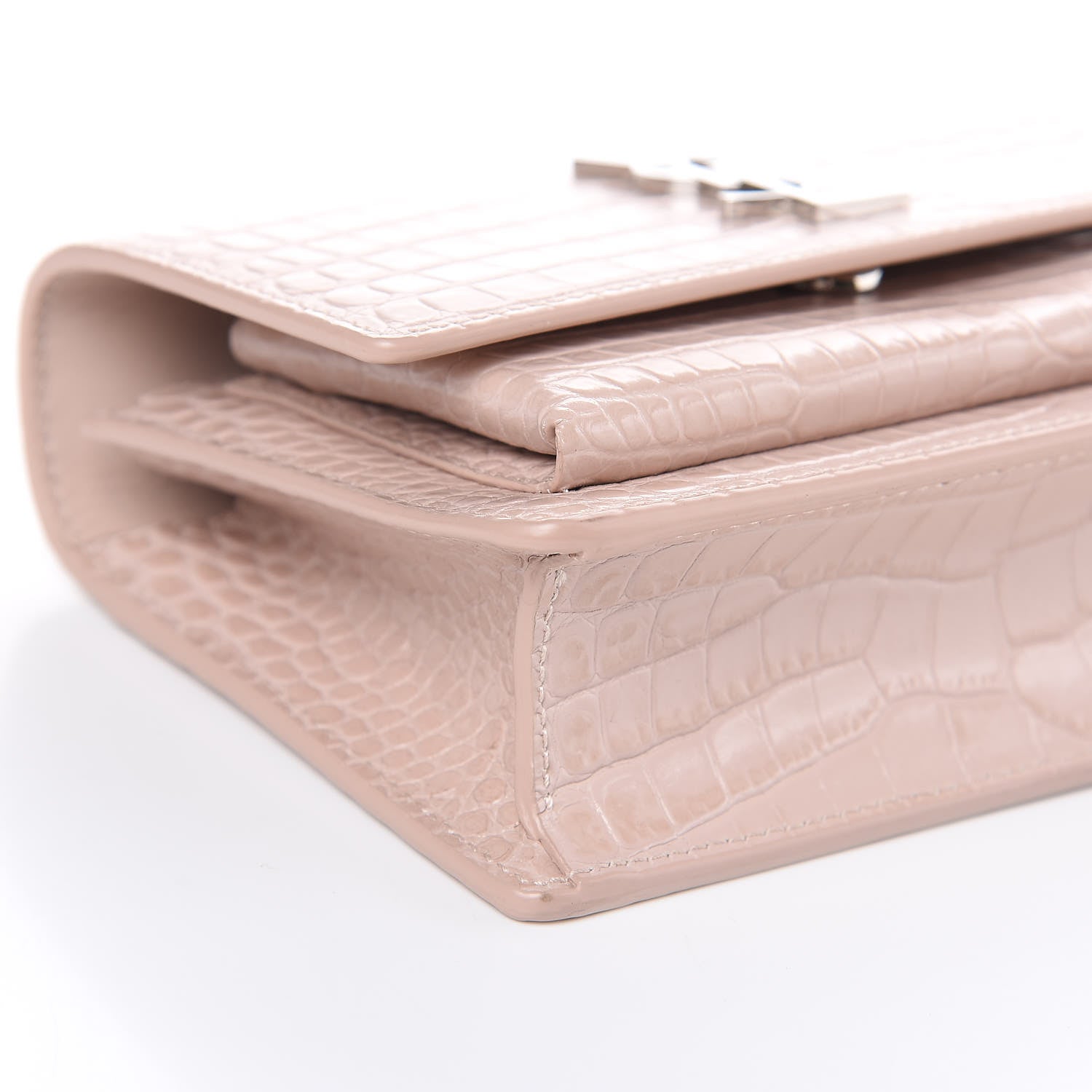 Saint Laurent Calfskin Crocodile Embossed Monogram Sunset Chain Wallet Rose Antic 7 of 9