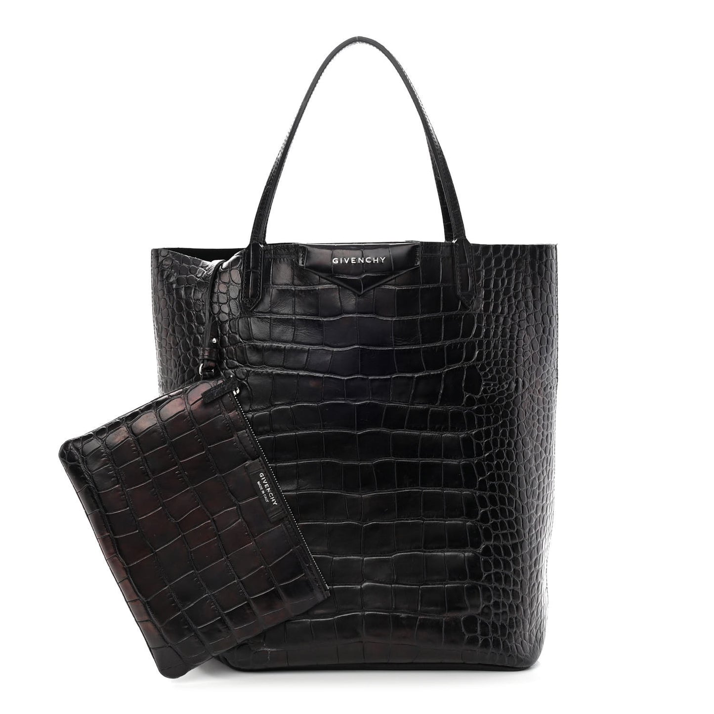 Calfskin Crocodile Embossed Medium Antigona Tote Black