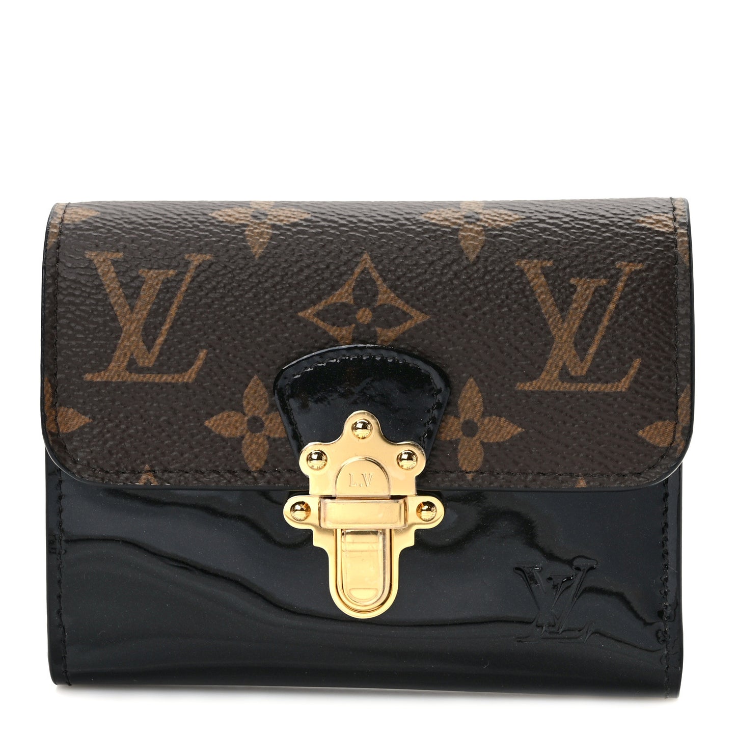 Patent Calfskin Monogram Cherrywood Compact Wallet Black