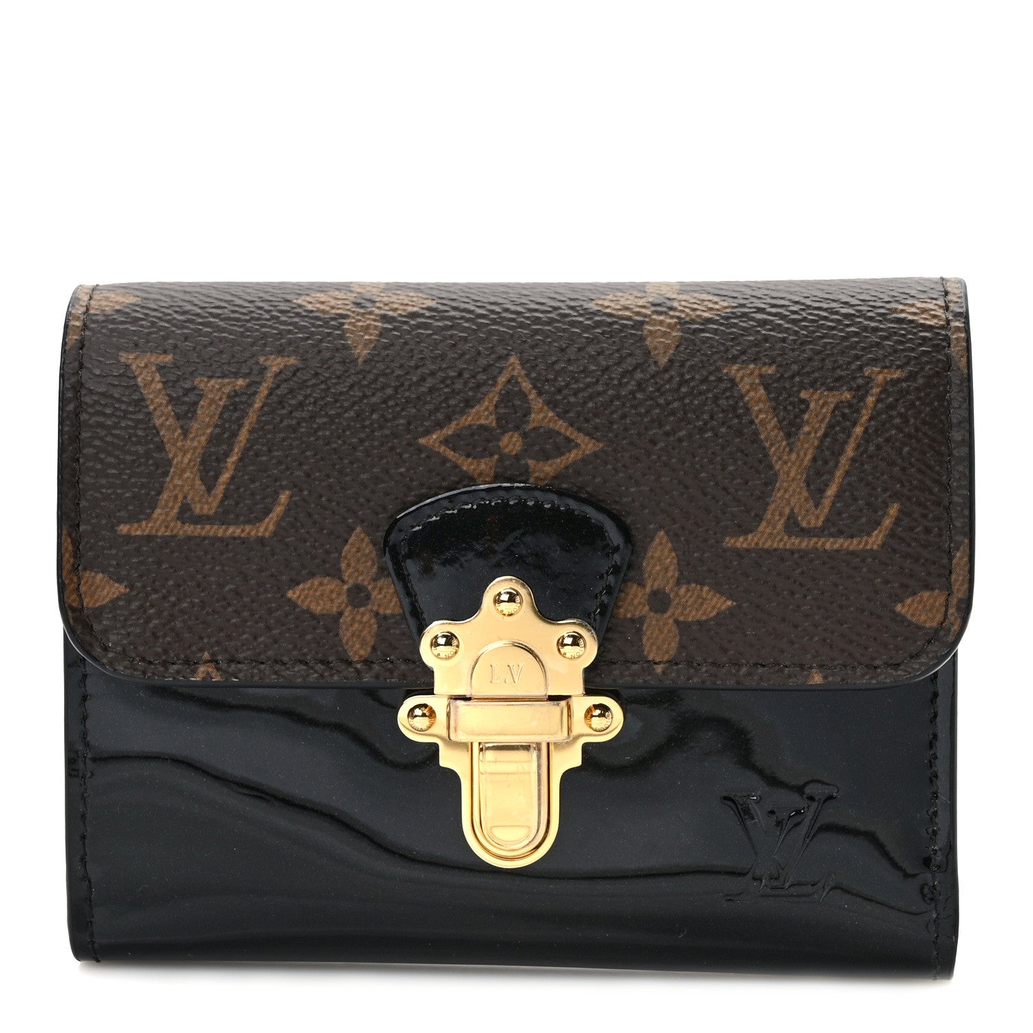 Louis Vuitton Patent Calfskin Monogram Cherrywood Compact Wallet Black 1 of 7