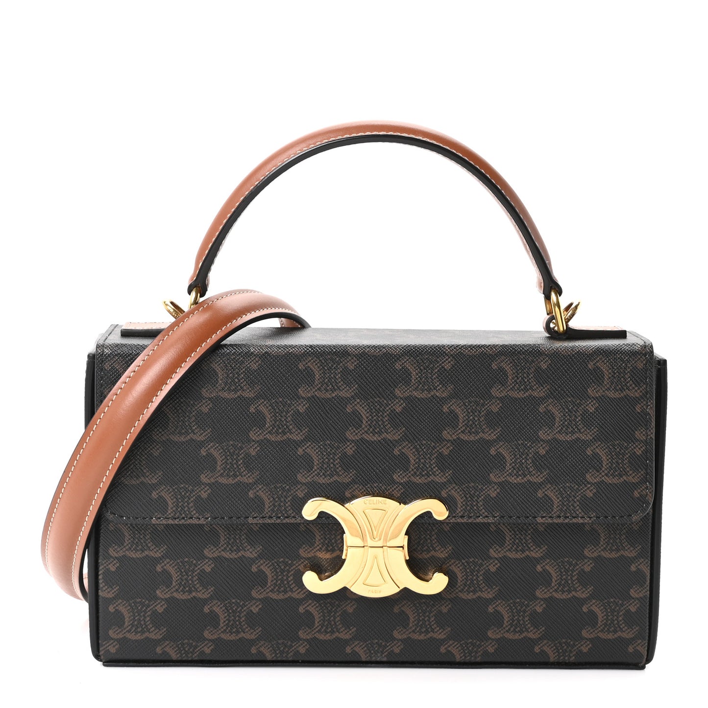 Canvas Calfskin Triomphe Box Top Handle Bag Tan
