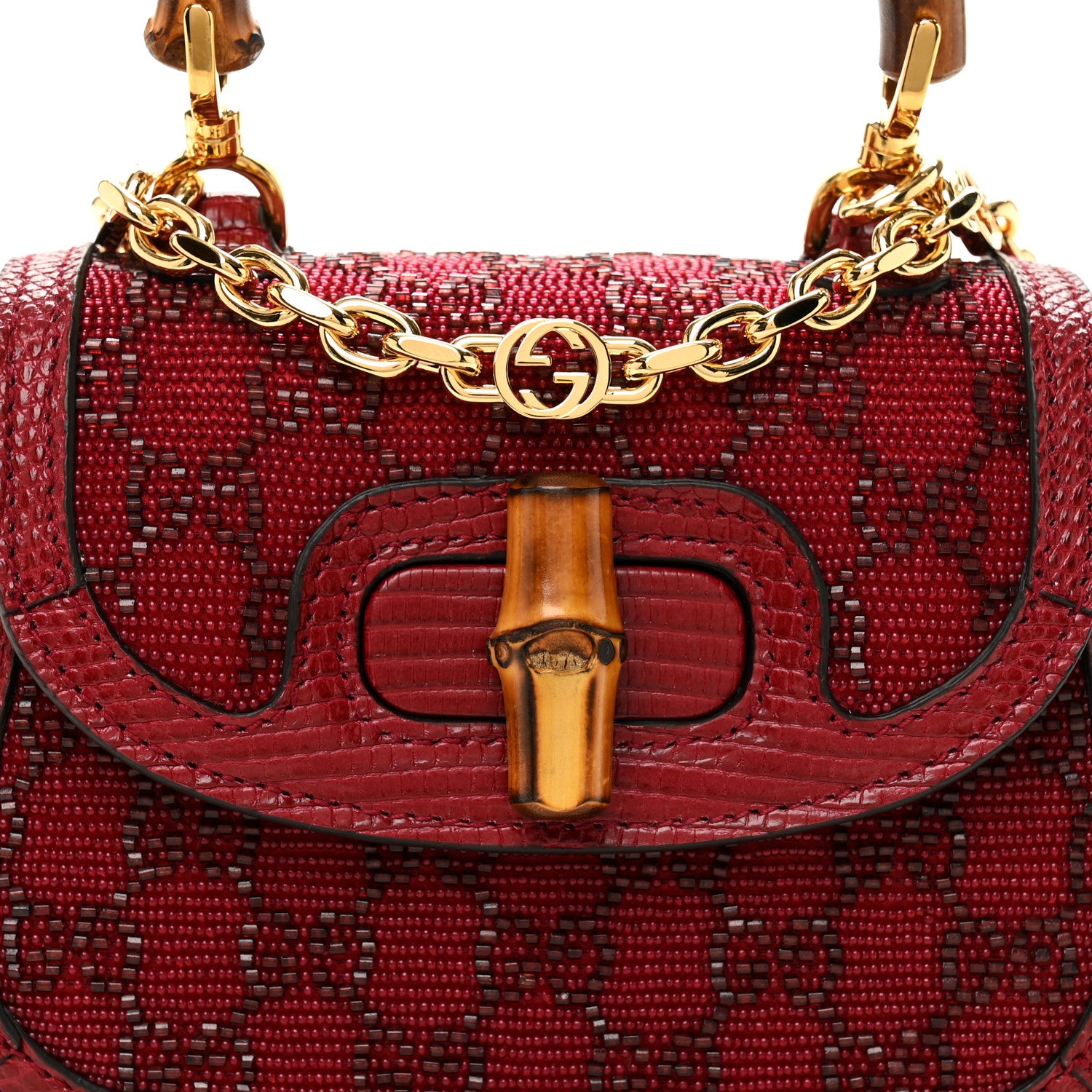 Gucci Moire Fabric Calfskin Rhinestone Monogram Monochrome Lizard