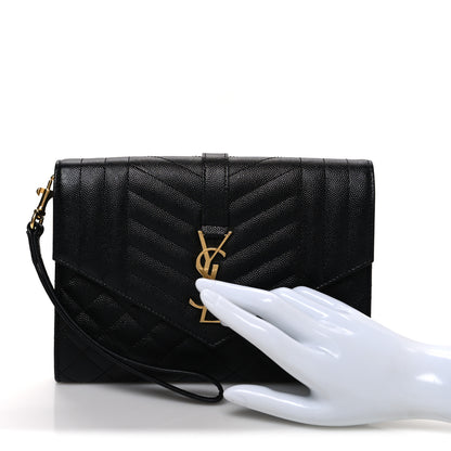 Saint Laurent Grain De Poudre Textured Mixed Matelasse Triquilt Monogram Clutch Black 2 of 8