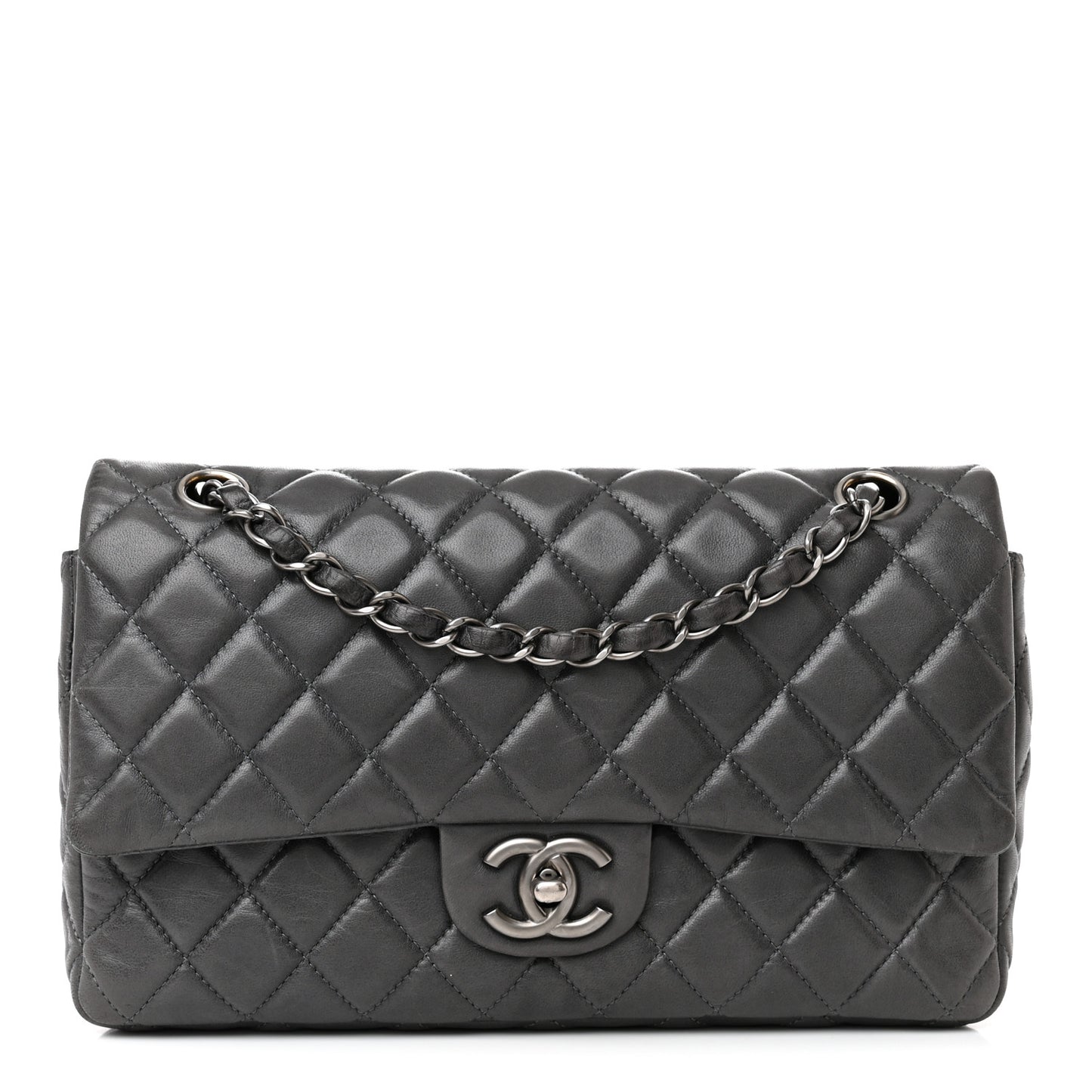 Lambskin Quilted Medium Double Flap Dark Grey