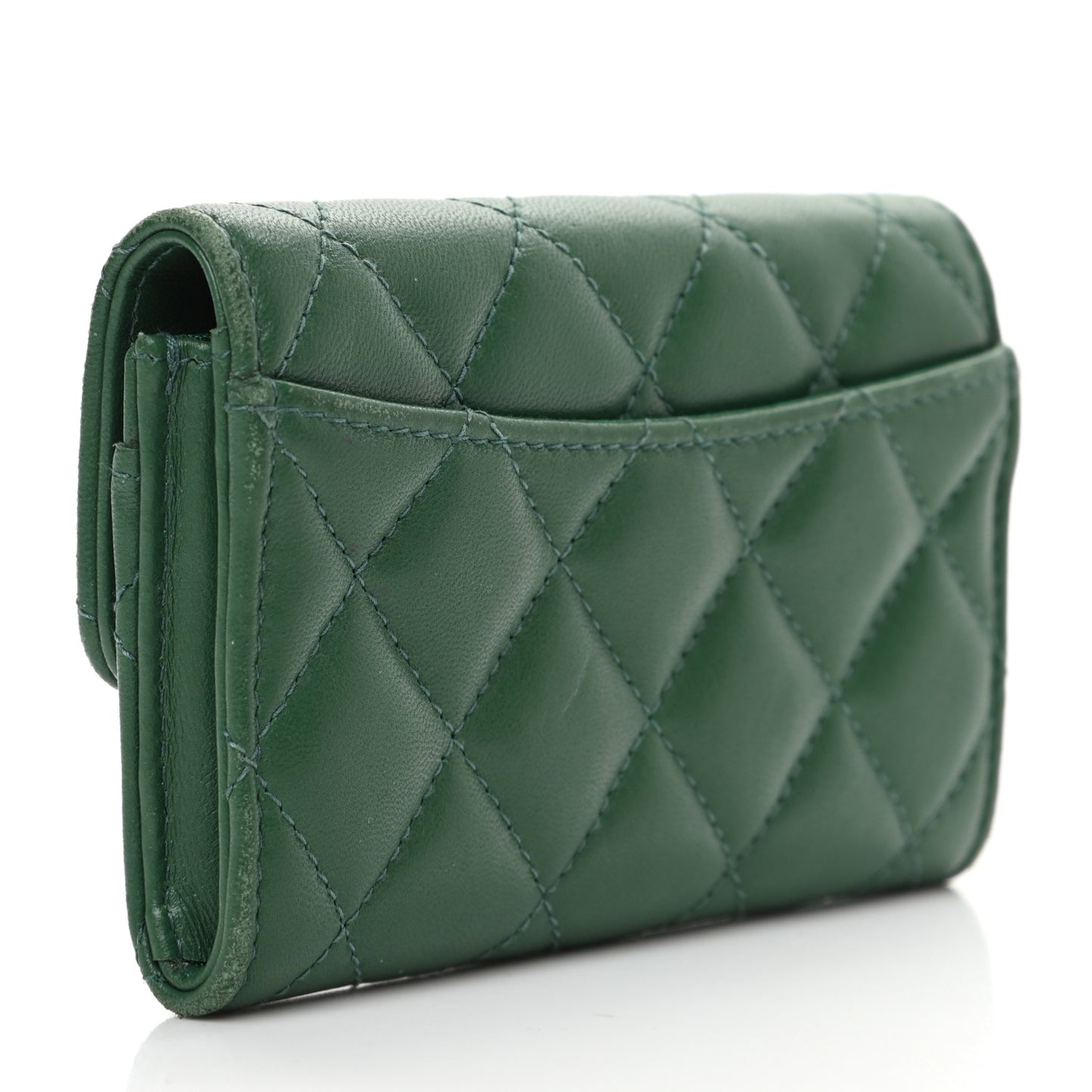 Lambskin Quilted Flap Card Holder Wallet Green