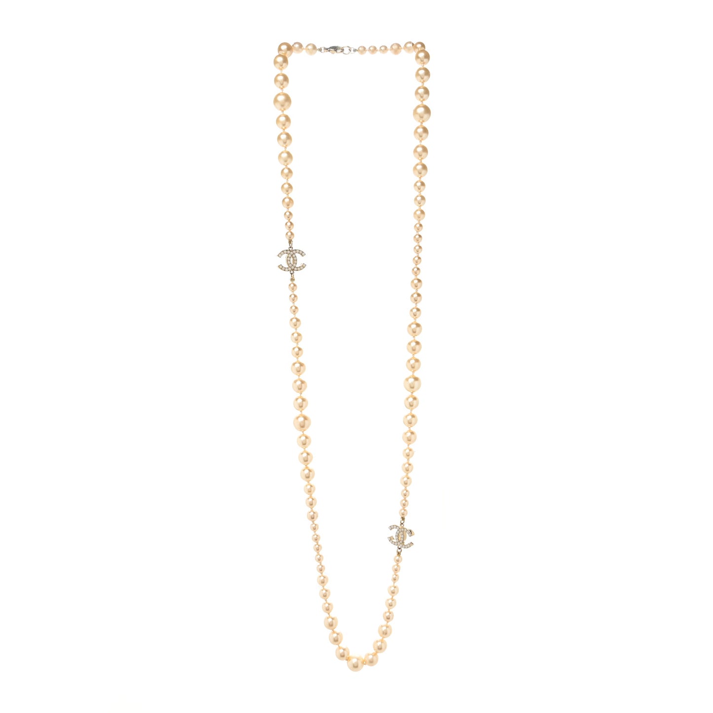 Graduated Pearl CC Long Necklace Light Gold