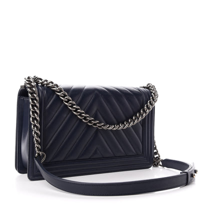 Chanel Lambskin Chevron Quilted New Medium Boy Flap Dark Navy Blue 3 of 12