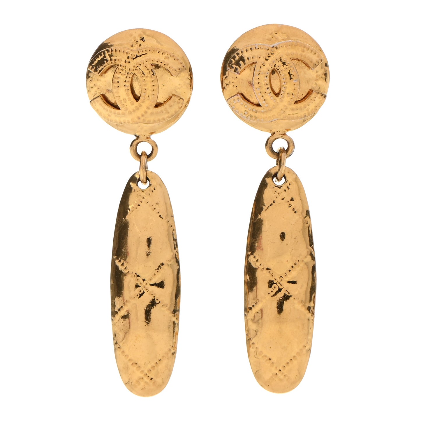 Metal CC Quilted Drop Clip On Earrings Gold